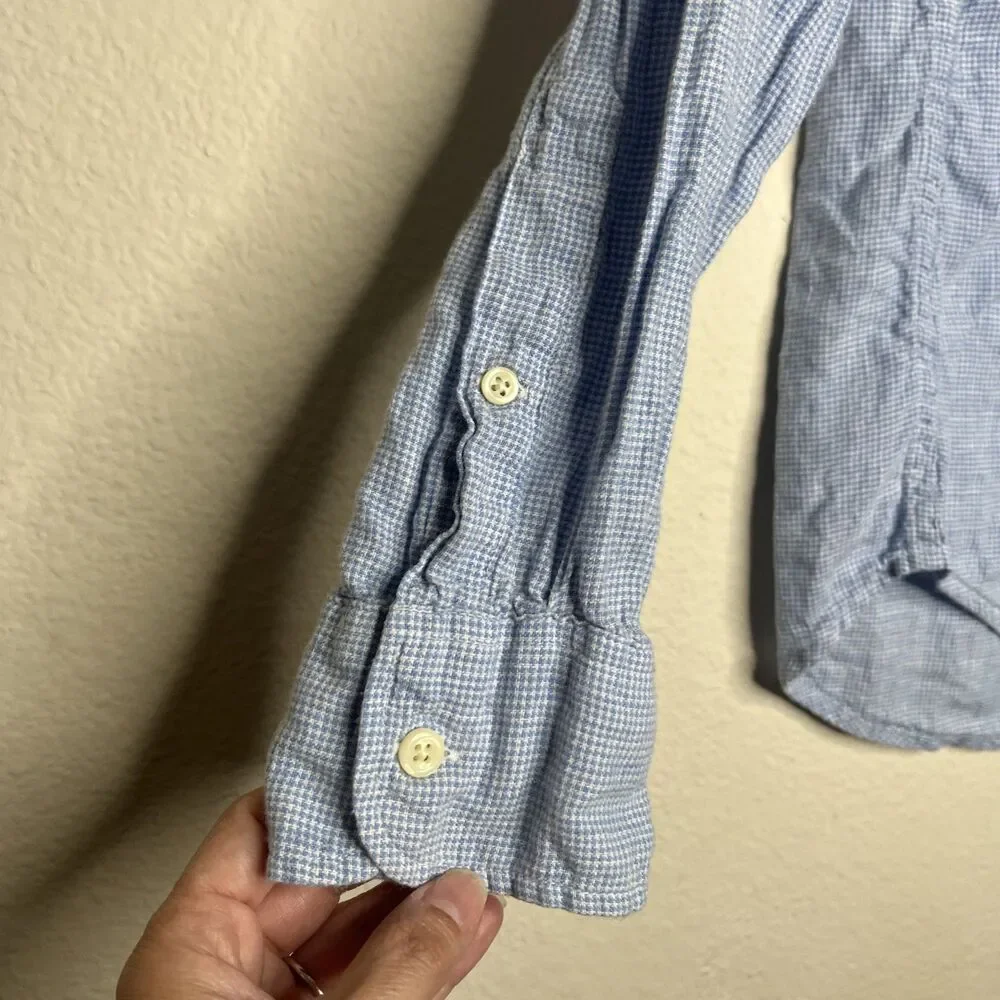 J Crew Linen Cotton Gingham Long Sleeve Button Down Collar Dress Shirt SZ M